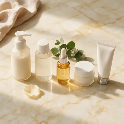 Proizvodi za jutarnju i večernju rutinu nege lica: čistač, tonik, serum, hidratantna krema i SPF